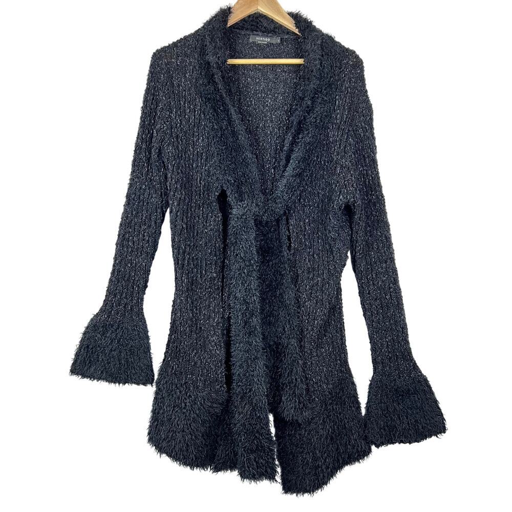 VERTIGO Fuzzy Plush Knit Tie Front Asymmetrical Bell Sleeve Black Cardigan L